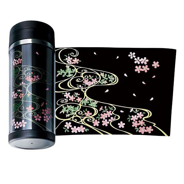 画像1: 蒔絵ステンレスボトル 黒 350ml　桜に流水紋 (1)