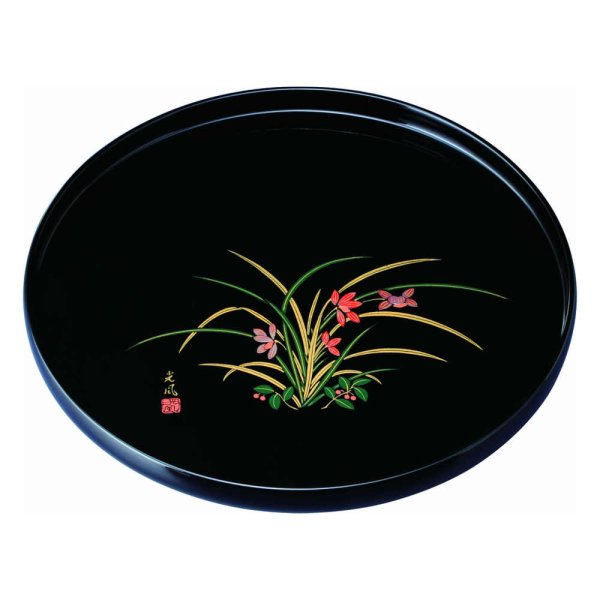 画像1: 丸盆 木製 黒 香蘭 (1)