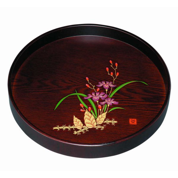 画像1: 茶盆（深型） 木製 黒壇杢 山路（金蒔絵・盛絵） (1)