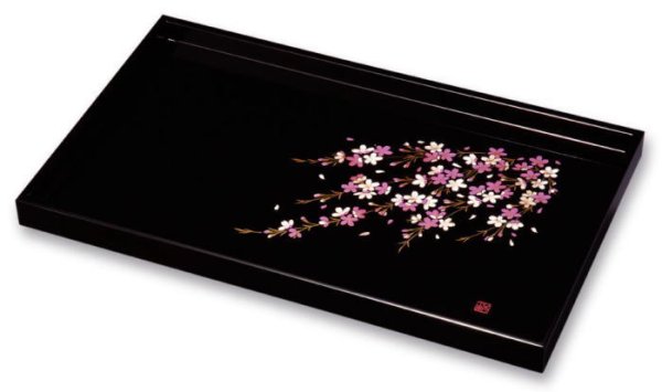 画像1: 長手盆　木製　黒　しだれ桜　 (1)