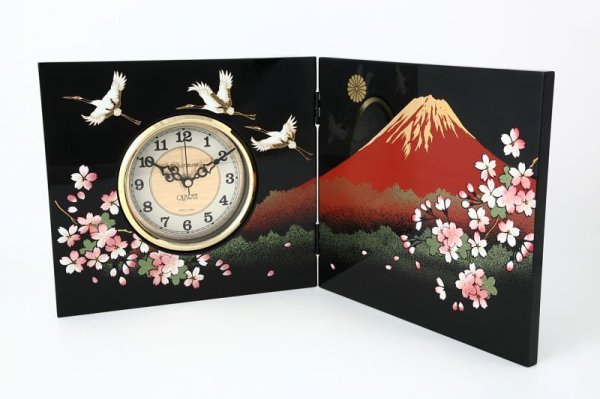 画像1: （菊紋入）屏風時計 木製 一富士二鶴三桜 (1)